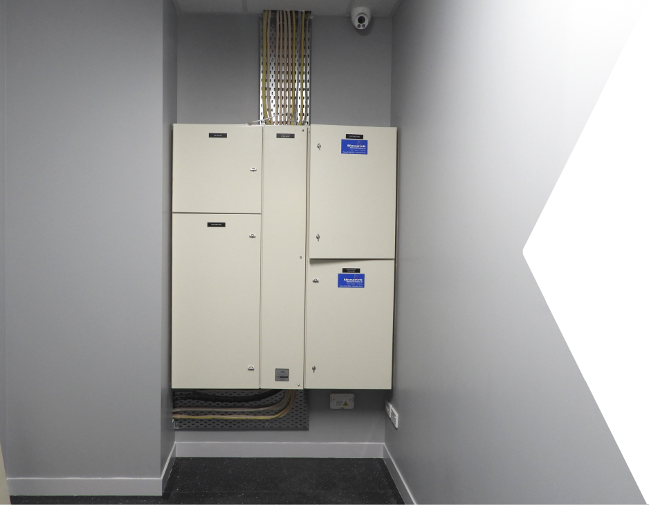 Commercial switchboard in utility room for storage building