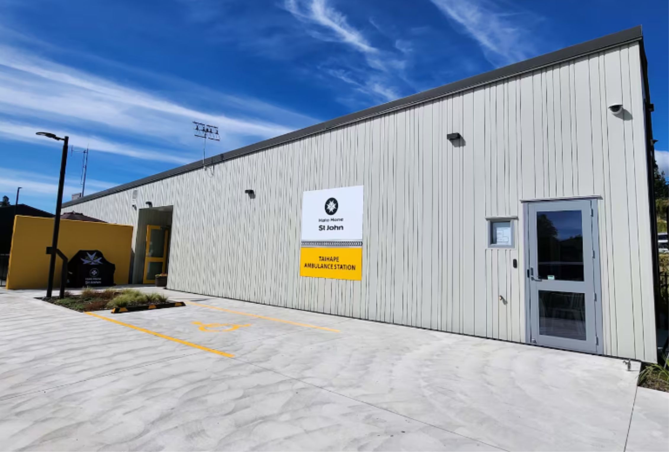 New grey st johns ambulance station in taihape with blue sky background