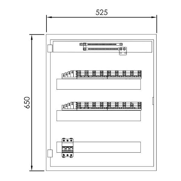 Line drawing of a 48 way metal switchboard with 3 din rails and x2 8TP multiclips