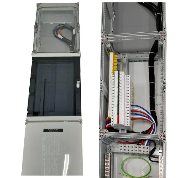 internal and external view of a combined meter and distribution board. 
