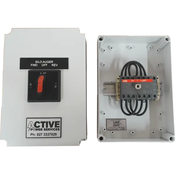 internal and external view of a auger controls box with a white background. 