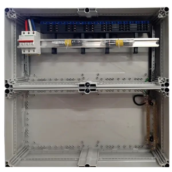 inside a 100 or 160A outdoor distribution board with a multiclip and Schneider main switch mounted on a din rail. large cable duct below.
